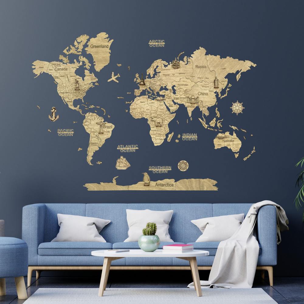 Carte du monde murale 3D bleu