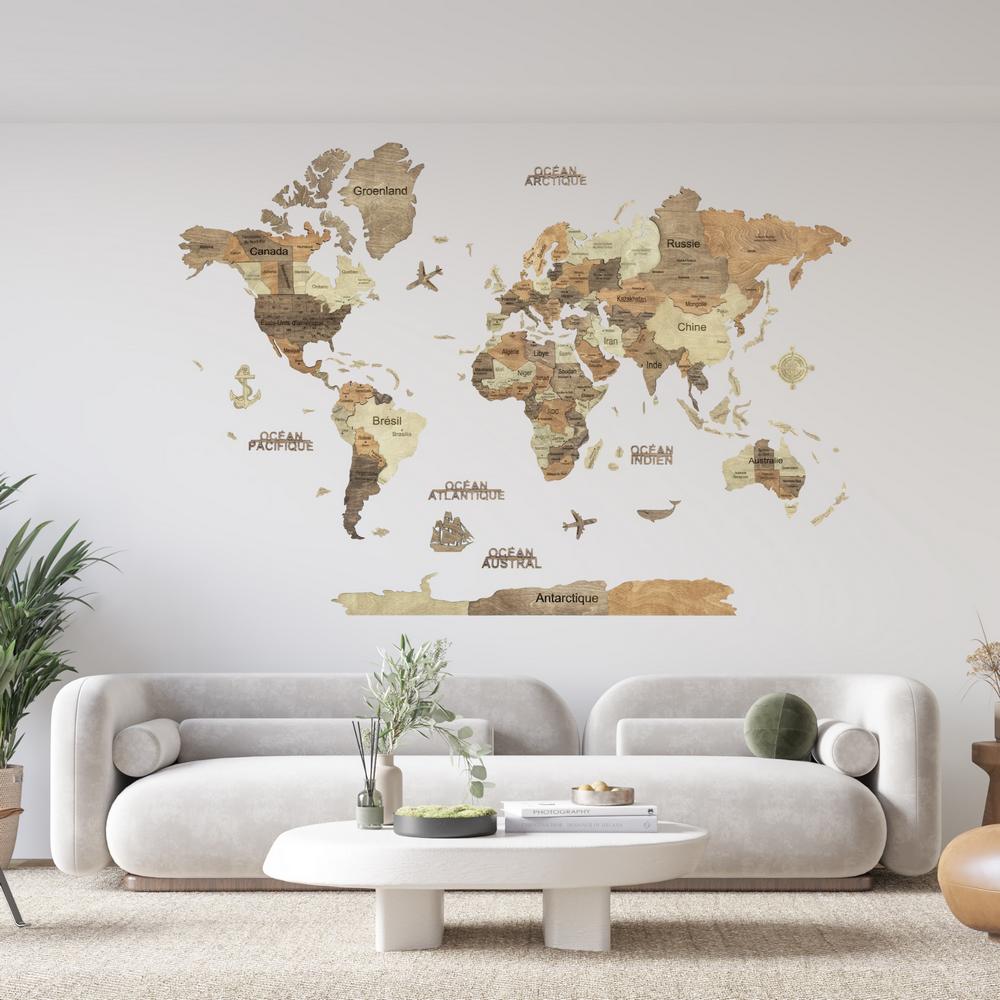 Carte du monde 3D en bois - Multicolore - Worldinmaps