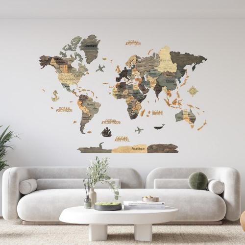 Carte du monde 3D murale en bois graphit pour personnaliser votre intérieur. Fabrication artisanale de très grande qualité. Livraison gratuite.