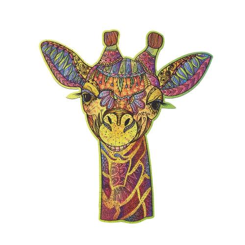 Puzzle exceptionnel en bois représentant une girafe, avec des pièces uniques découpées sur le thème de la savane. Satisfait ou remboursé.
