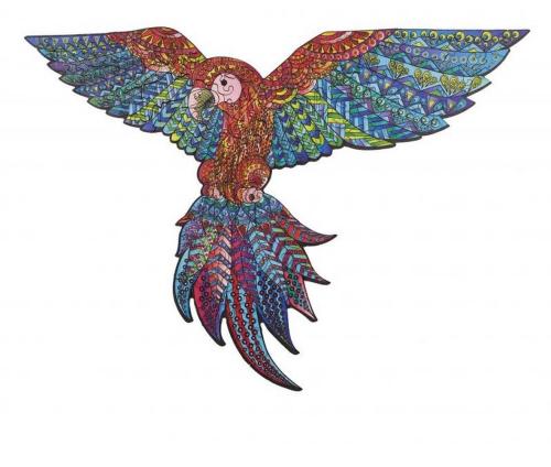 Puzzle exceptionnel en bois représentant un ara, un perroquet exotique, avec des pièces uniques découpées sur le thème des oiseaux de la jungle. Satisfait ou remboursé.