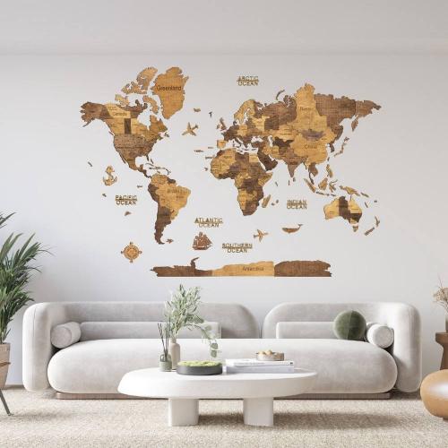 Carte du monde 3D murale en bois chocolate pour personnaliser votre intérieur. Fabrication artisanale de très grande qualité. Livraison gratuite.