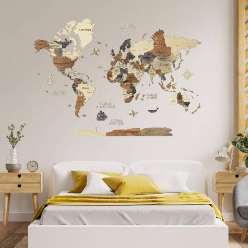 Carte du monde 3D murale en bois multicolore pour personnaliser votre intérieur. Fabrication artisanale de très grande qualité. Livraison gratuite.
