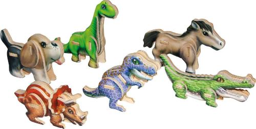 Lot de 6 puzzles 3D en bois représentant dinosaures et animaux contemporins. Idéales pour préparer les plus jeunes à aborder des puzzles plus importants.